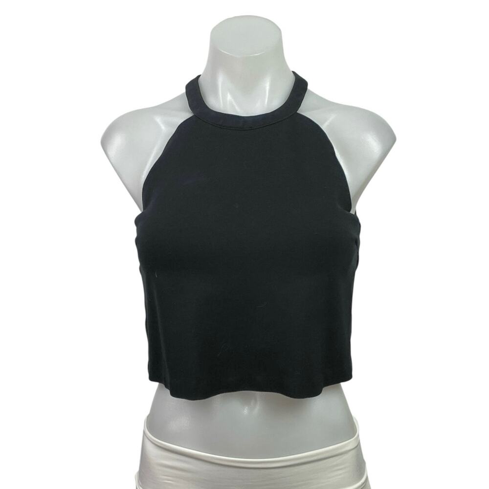 Olivaceous Black Halter High Neck Zip Scallop Back Sleeveless Crop Top Size M